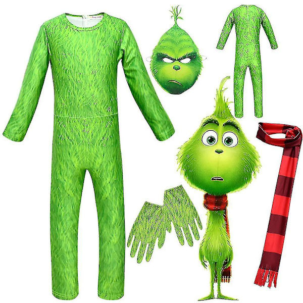 Grinch-kostyme for barn - Jumpsuit, maske, skjerf, hansker - Juleantrekk 7-9 Years