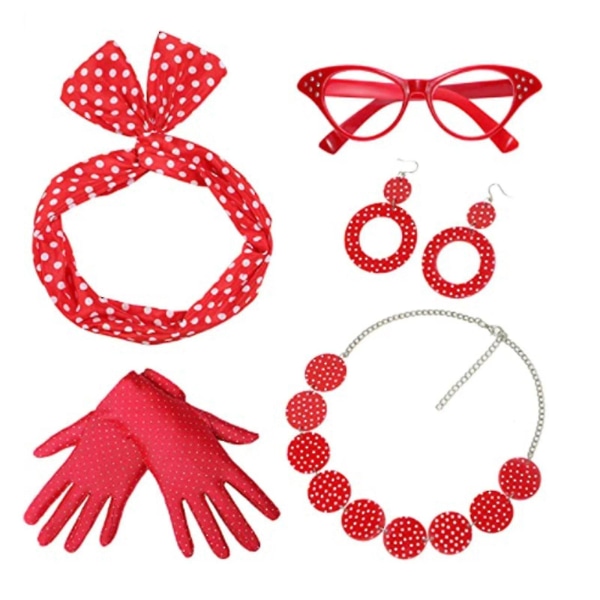 50-tals kostymhalsduk Polka Dot Pannband Örhänge Cat Eye Glasögon Scarf - Snngv Red necklace set