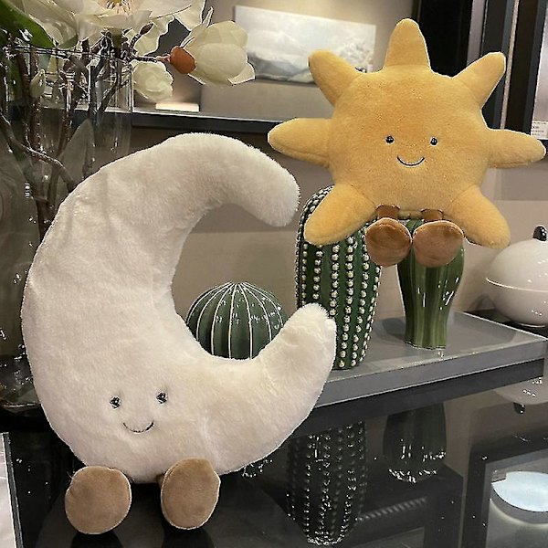 Bedårande Leende Gult Sol Plushie Fylld Söt Plysch Leksak För Barns Sovrum Dekoration Soffa Kast about 45cm white Moon