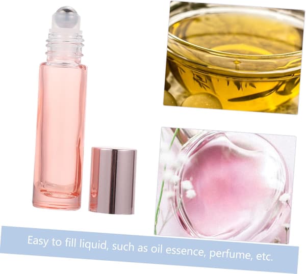 10 st 10 ml rosa glasflaskor för eteriska oljor med rullar i rostfritt stål och ABS-lock