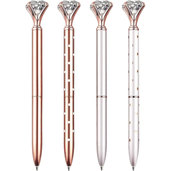 4 Pcs Big Crystal Diamond Ballpoint Pen Metal Ballpoint Pens For Office Supplies Gift, Rose Gold Silver White With Rose Polka Dots Rose Gold With Whi