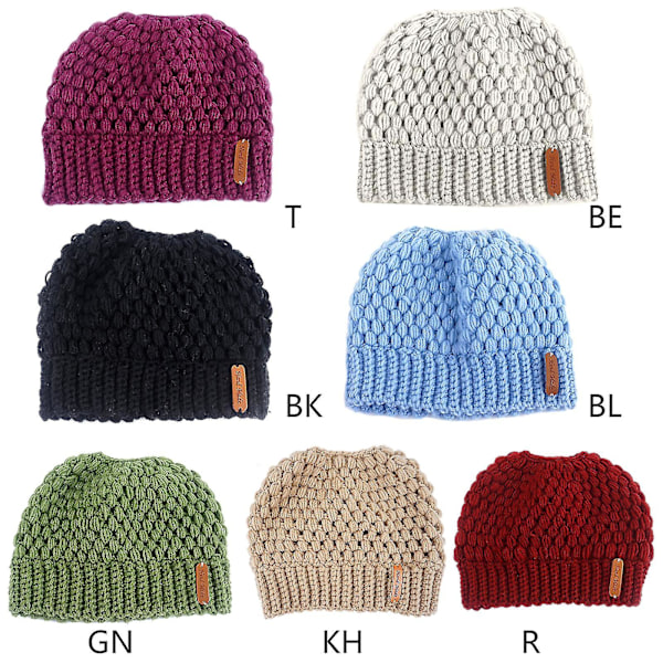 Dametøj Chunky Crochet Strikket Stræk Beanie Hat Høj Messy Bun Hestehale Solid Farve Vinter Hullet Skull Cap Ørevarmer