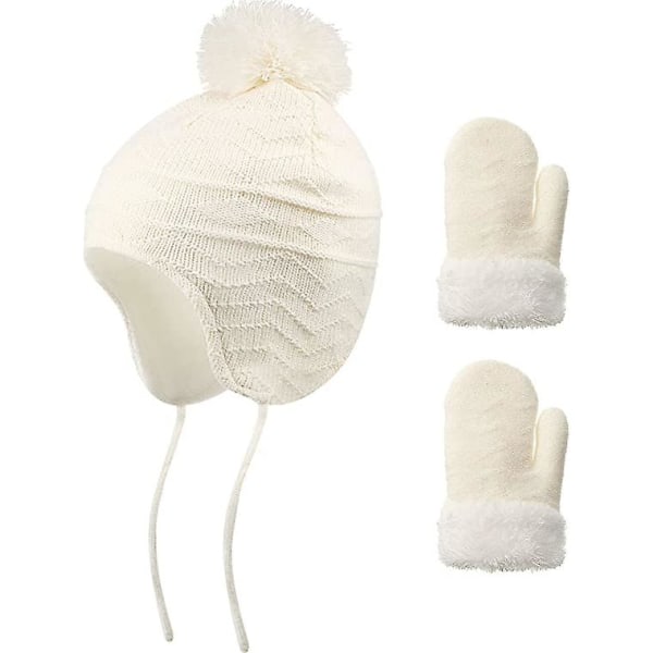 Sæsonens småbørnshatte og -handsker sæt med strikkede baby-øreværn hatte og varme uldvanter til børn white