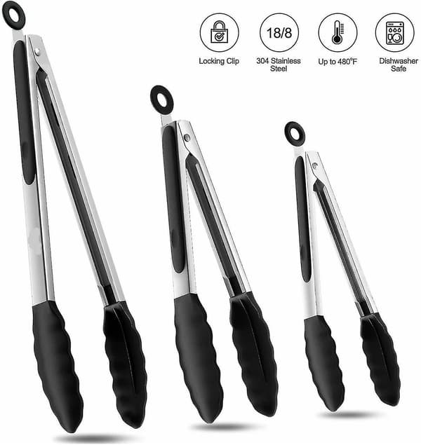Premium Rustfrit Stål Tang med Silikon Spidser, Non-stick, 3-delt Sæt