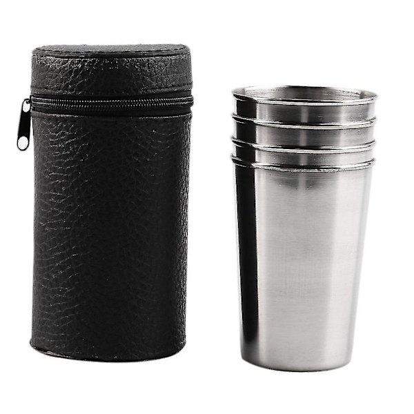 Sett med 4 rustfrie stål campingkopper med etui