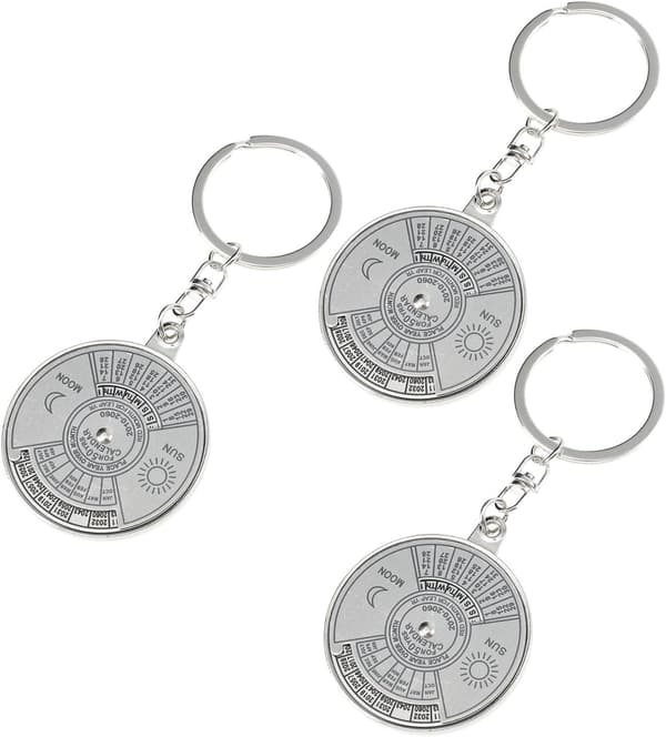 3 st nyckelringar i silvermetall med evighetskalender och måndesign, kompakt storlek