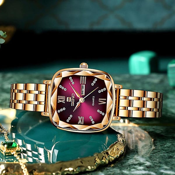 Retro Pieni Neliömäinen Kellon Neliö Teräs Ranneke Naisten Kellon Muoti Kaksoiskalenteri Kvartsikello Elegant gold