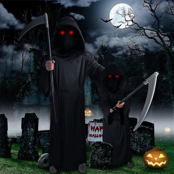 Børne-Grim Reaper Kostume med Rød og Lede - Gyser Fancy Up Outfits 5-7 Years