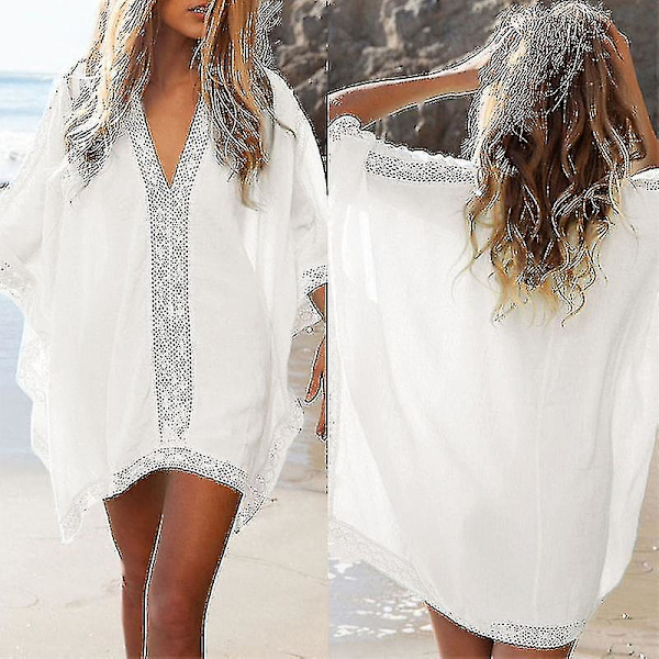Kvinnors Strandklänning i Spets & Virkning - Kimono, Lång Topp, Semester, Beachwear, Szkyd A-yuhao White