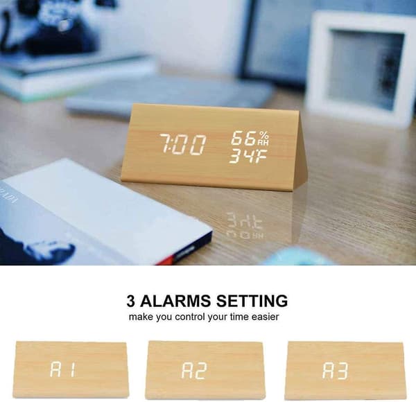 Digital väckarklocka, med trä-LED-display, 3 larmfunktioner