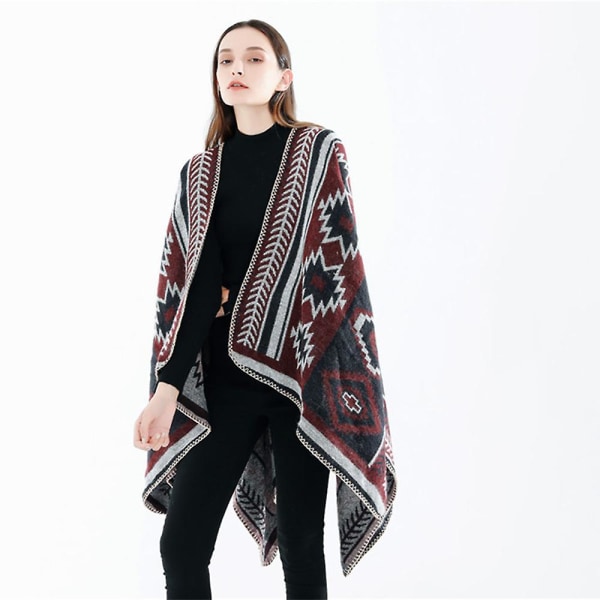 Vintertørklæde Wraps Poncho Kappe - Kvinders Varmt Åbent Foran Trykt Vendbar Overdimensioneret Tæppe Red wine