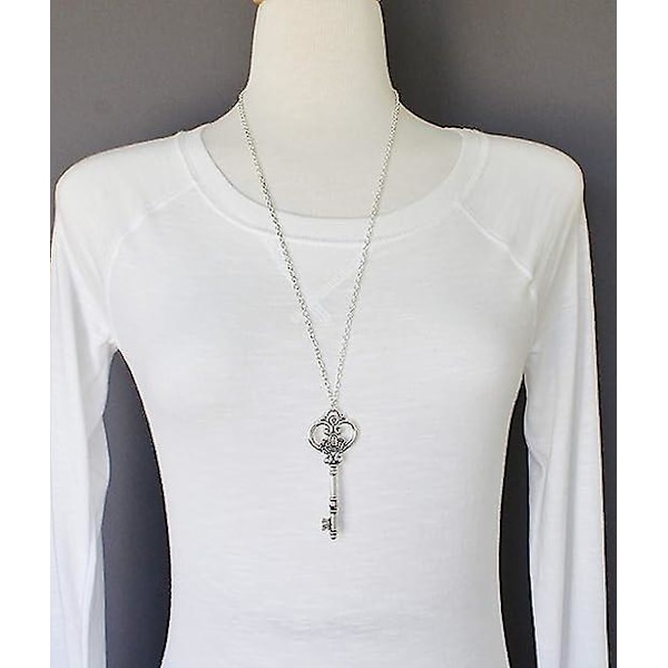 Antikt Silverhalsband med Nyckel för Kvinnor, 27 cm Kedja, Nyckelhänge, Silverkedja
