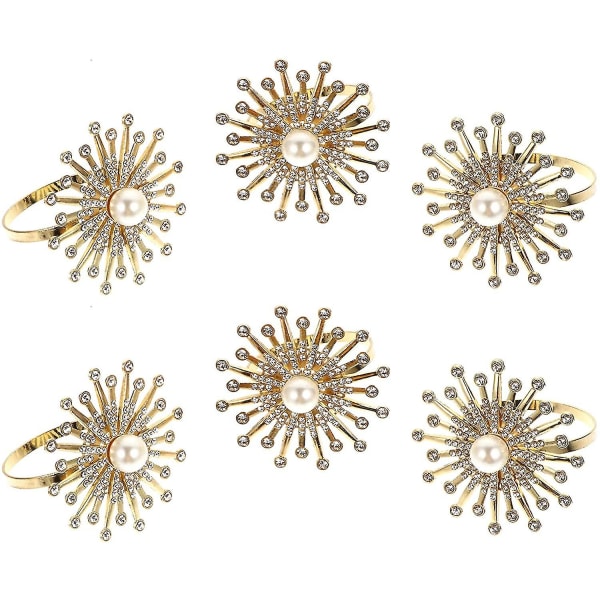 6 stykker guld metal solsikke servietringe Rhinestone krystal servietholder