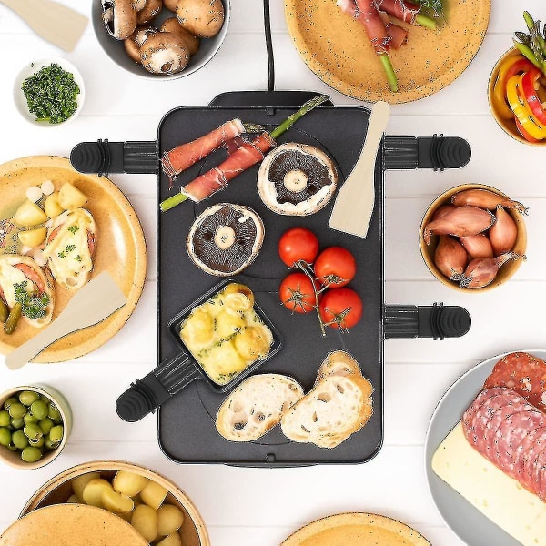4 stk. Raclette-skåle til grill og 4 stk. Raclette-spatel i træ Polon Raclette Grill Non-stick belægning i støbejern Mini tallerken med isoleret håndtag