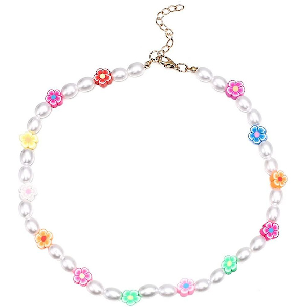 Boho Simulert Perle Kjede Halskjede Perlet med Fargerik Blomst Halskjede Lmell Gave