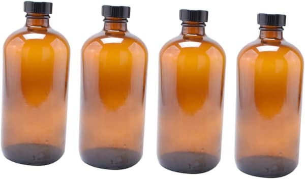 Glasflaskor med svarta bakelitlock, bruna, runda, 4 st, 60 ml