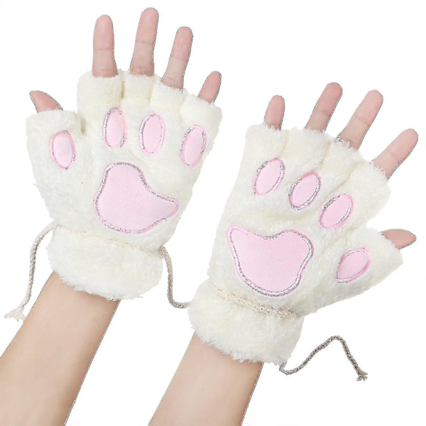 Dam Katt Tass Klo Vante Vit Mjuk Vinter Fingerlösa Vantar Vit-yuhao