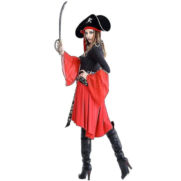 Pirate Caribbean Swashbuckler Buccaneer Kvinder Kostume Hat+kjole+bælte Outfits Sæt L
