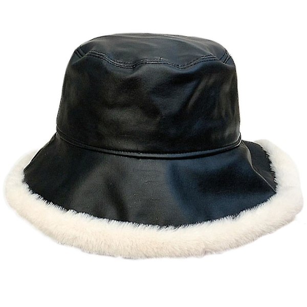 Koreansk version PU-läder plysch fiskarehatt All-match hinkhatt Bred brätte Black