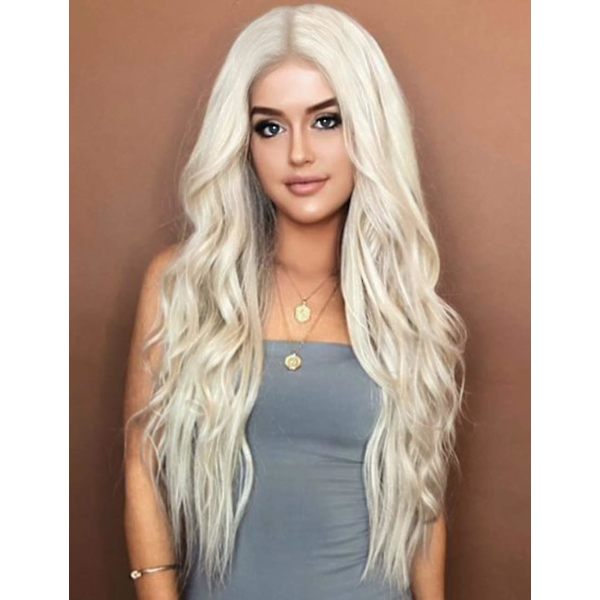 70 cm Platinaa Blondi Curly Wavy Lämpökestävä Hiusperuukki