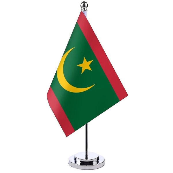 14x21cm Kontorpult Flagg til Mauritania Banner Styrerom Bordstativ stang Mauritansk nasjonalflaggsett Møteromsdekor Mauritania Silver
