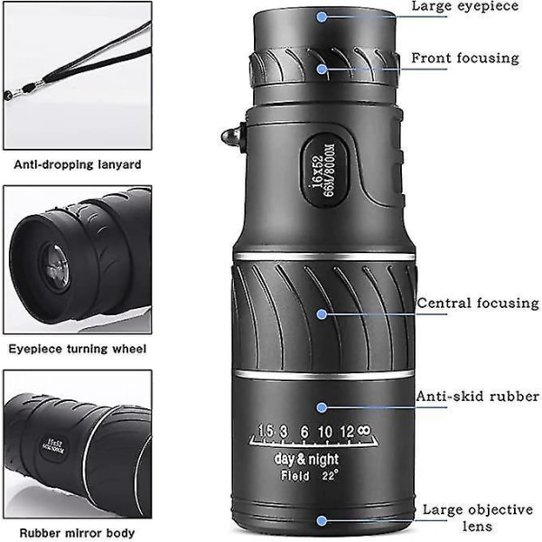 Teleskop 16x52 HD Monokular Bak4 Prisma Dobbelt Fokus Optik Zoom