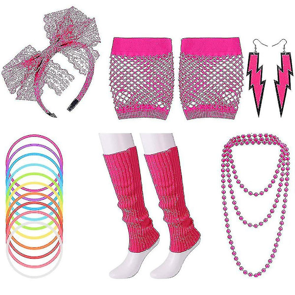 Kvinnor Flickor 80-tals Vintage Örhängen Halsband Ben Fiskgarn Handskar Hårband Armband Retro Fancy U Rose Red