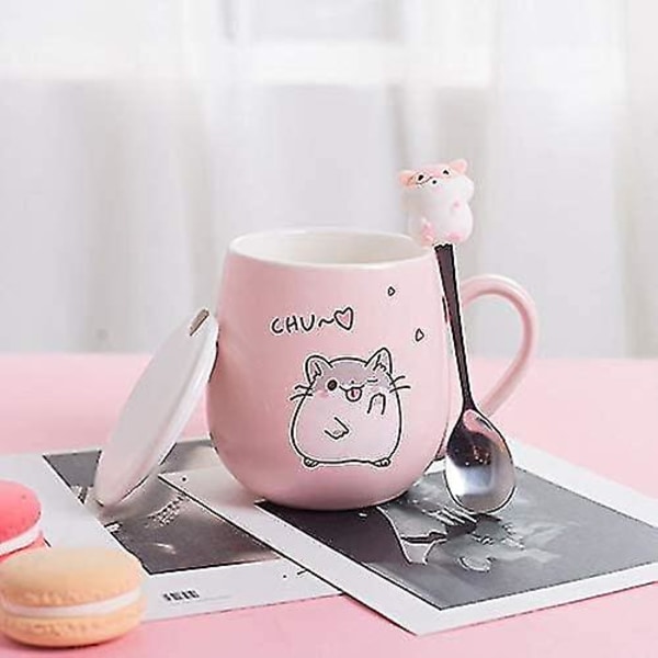 400ml Keramik Söta Hamster Muggar Lock Sked Rosa Present