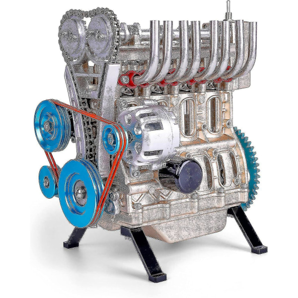 Inline-fire-sylindret motor bilmotormodell, V4-modellmotor fullmetallmonteringssett, minimotormodellleketøy for voksne og barn (2021-versjon)