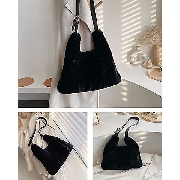 Plush Axelväska Mjuk Fluffig Tote Väska Konstpäls Crossbody Väska Justerbar Axelrem Svart