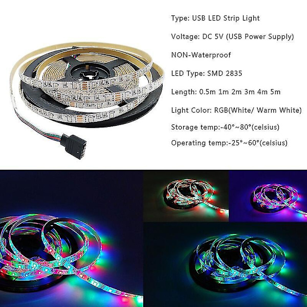 USB-driven LED-ljusremsa med fjärrkontroll, icke-vattentät RGB 2835