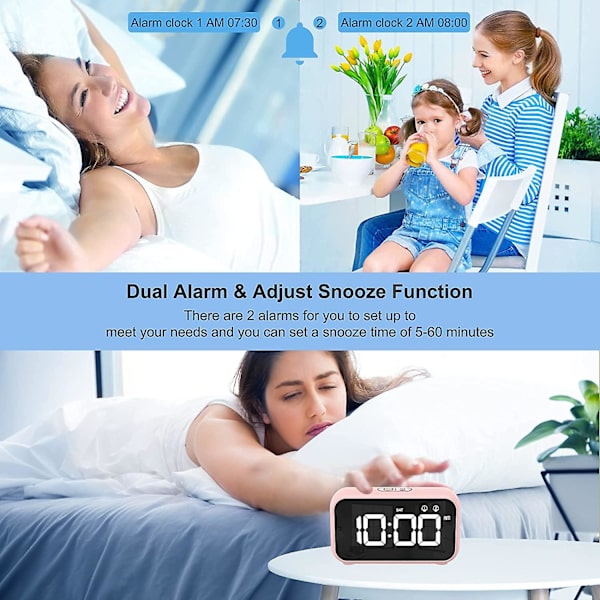 Digital klokke med lur-timer, snooze, batteridrevet og USB-lading med to alarmer