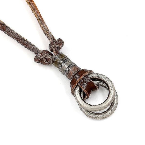 Vintage Brun Ekte Lær Dobbel Ring Brilleanheng Halskjede Justerbar A-yuhao