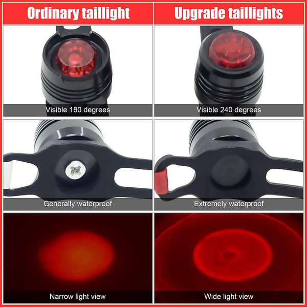 USB-oppladbare sykkellys bak, LED-baklys, 3 lysmoduser, egnet