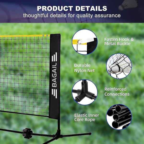 Badmintonnett, sammenleggbar nylonnett, høydejusterbar og bærbar bæreveske, enkel å montere