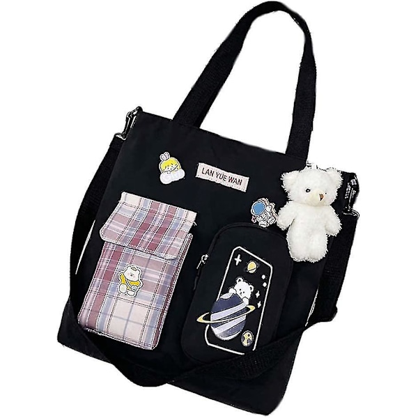 Skola Väska Estetisk Söt Ita Väskor Axelremsväska Preppy Tote Väska Kawaii Ryggsäck Plånbok Koreansk Pappersvaror (svart, En Storlek)
