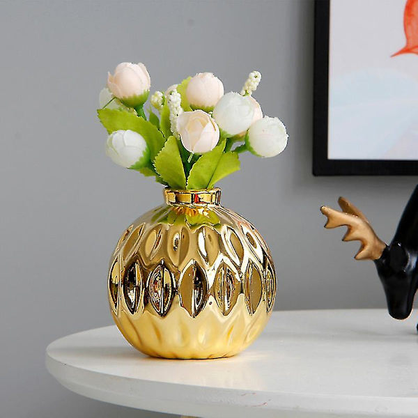 Keramisk liten vas, liten blomma präglad fiskläppsmönster hantverk hemdekorationer (guld)