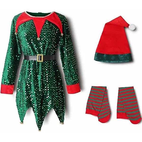 Børn Piger Santa Elf Pailletter Xmas Outfit Leggings Fancy Up Costume 6-7 Years Green