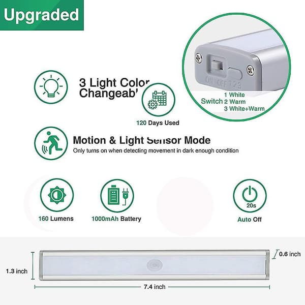 10 LED-lamper, USB-oppladbare, magnetiske, bevegelsessensor, skaplys