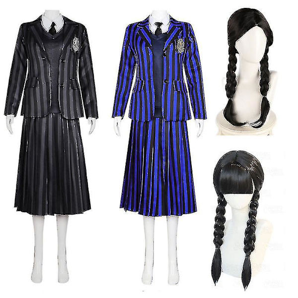 Addams Family Wednesday Kostym Skoluniform Nevermore College För Barn Kjol Dräkt S Wig 1