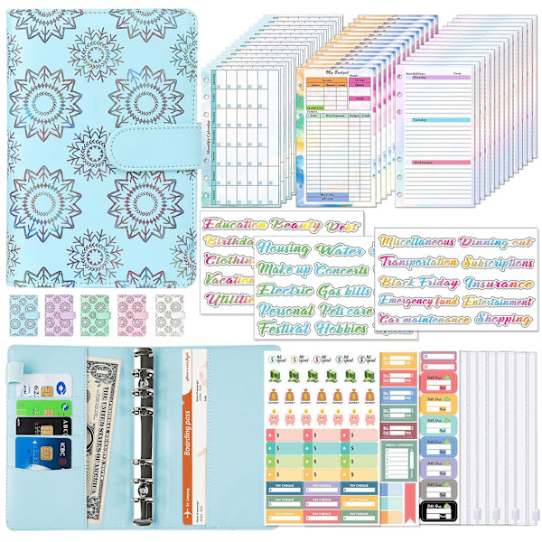 Budget Binder med Lynlåsekonvolutter, A6 Lommer Planlægger Kontanter Konvolutter Blue