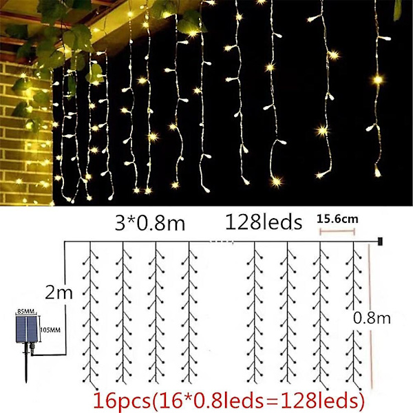 Isbelys med solceller, LED-gardin för utomhus