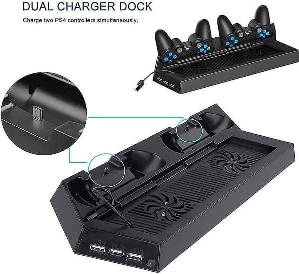 Ventilator Køler, Lodret Stativ Til Ps4, Ventilator Med 3 Usb Hub Opladere, Sort