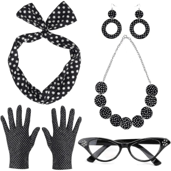 50-talls kostymeskjerf Polka Dot pannebånd øredobber Cat Eye Briller Skjerf - Snngv Black necklace set