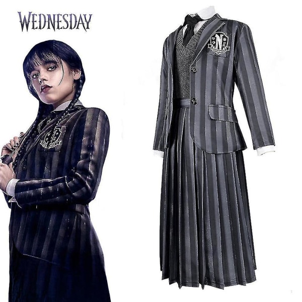 Kvinne Wednesday Addams Deluxe Kostyme Sett Nevermore Uniform Antrekk Parykker M without Wigs