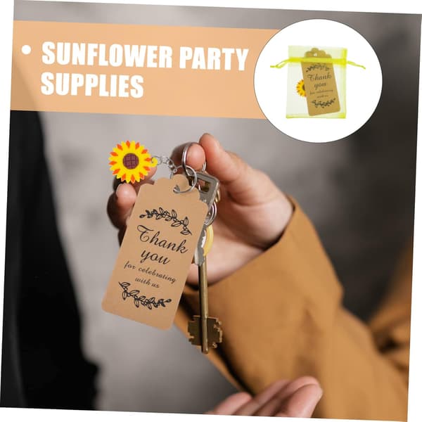60 uppsättningar solrosnyckelring De solrospresent bröllopsgrejer sommargul gummi, järn, garn, papper