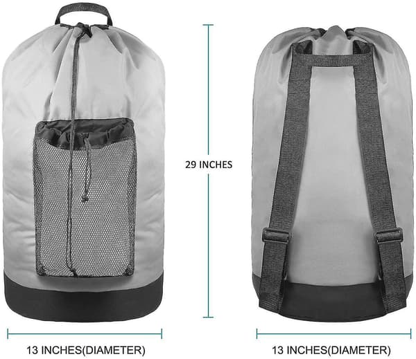 Tvättsäck, tvättbackpack med axelremmar och nätficka, grå