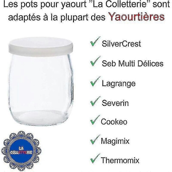 Sæt af 12 Glas Yoghurtglas med Lækagesikre Låg  Fremstillet i Frankrig  Til Yoghurtmaskiner  Multikogere og Food Processors (Thermomix, Seb, osv.)  143 Ml / 1