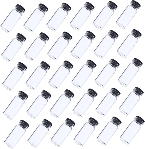 30 st eteriska oljeflaskor i glas, provflaskor, läckagesäkra lock, tjock botten, slät hals