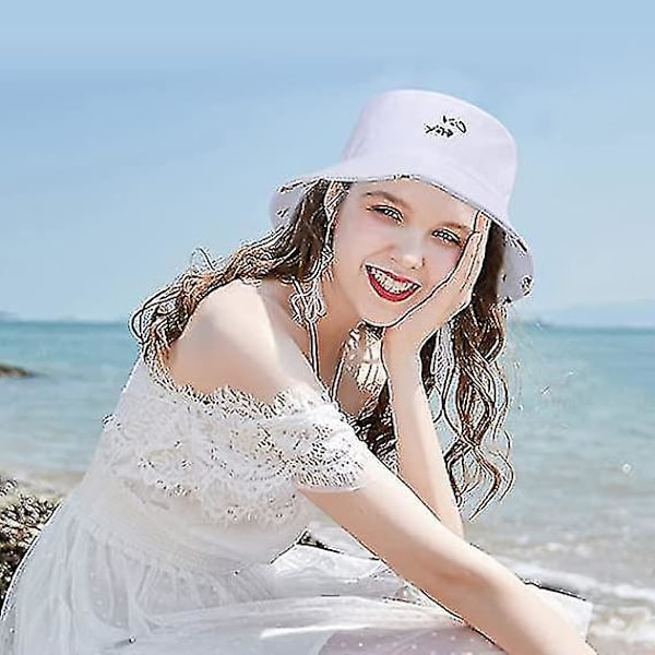Vändbar Bucket Hat Kvinnor Sommar Solhatt Anti-UV Skydd För Resa Strandvit - Q1